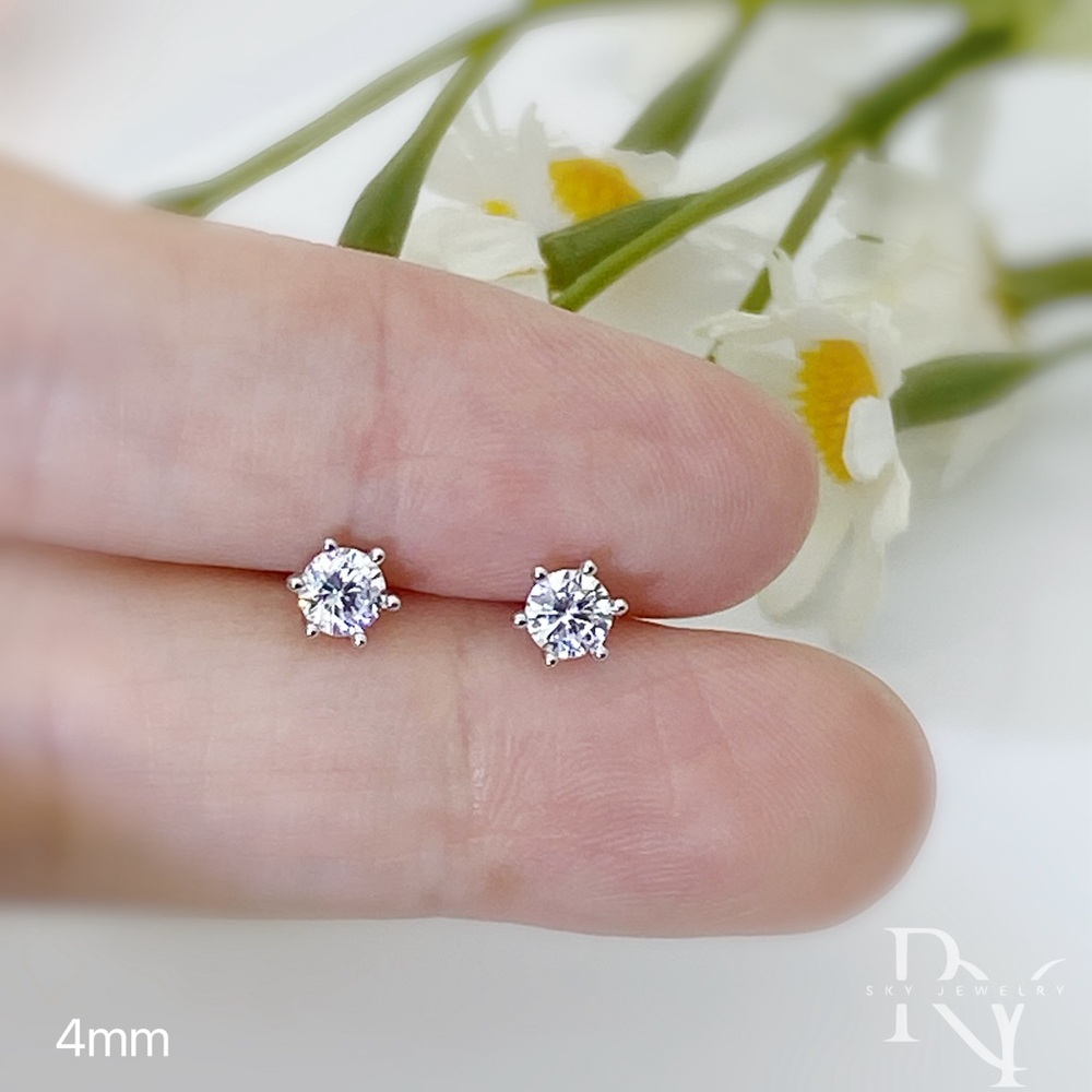 Solid Silver 6 prongs CZ Diamond Stud Screw bakcks Earrings-ESB022 Silver 4mm